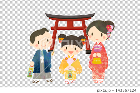 一幅描繪三個孩子慶祝七五三節和鳥居的插圖。 一幅描繪三個孩子慶祝七五三節和鳥居的插圖。 143567124