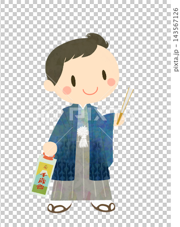 插圖描繪了一位 5 歲男孩身穿正式和服和袴，參加七五三禮（日本兒童的傳統成年禮）。 143567126