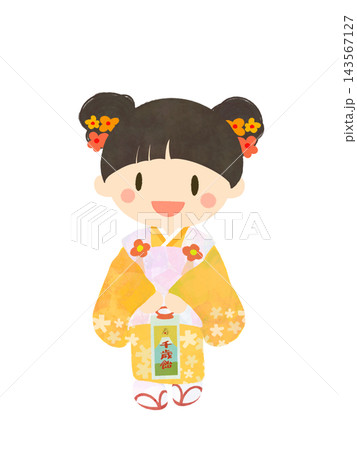 七五三の3歳の女の子 黄色い着物と被布のイラスト 七五三の3歳の女の子 黄色い着物と被布のイラスト 143567127