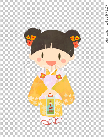 七五三の3歳の女の子 黄色い着物と被布のイラスト 七五三の3歳の女の子 黄色い着物と被布のイラスト 143567127