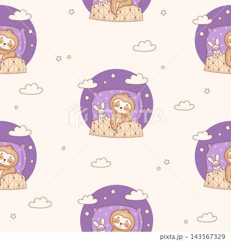 Sleep Time Seamless Pattern. Cute Kawaii Sleeping Sloth With Bunny Toy Under Blanket with Stars and Clouds On Beige Background. Night Sweet Dream Rest. Vector Illustration. Kids collection. Sleep Time Seamless Pattern. Cute Kawaii Sleeping Sloth With Bunny Toy Under Blanket with Stars and Clouds On Beige Background. Night Sweet Dream Rest. Vector Illustration. Kids collection. 143567329