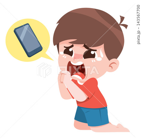 Cartoon Boy Crying for Smartphone Addiction Problem Illustration Cartoon Boy Crying for Smartphone Addiction Problem Illustration 143567700
