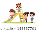 Children Waiting Their Turn to Play on Playground Slide Cartoon Illustration 143567701