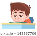 Bored School Boy Studying at Desk Cartoon Illustration 143567706