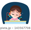 Sleepy Child Reading Book at Night Cartoon Illustration 143567708