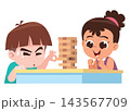 Kids Playing Wooden Block Stacking Game Cartoon Illustration 143567709