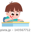 Diligent Child Studying and Writing in Classroom Cartoon Illustration 143567712