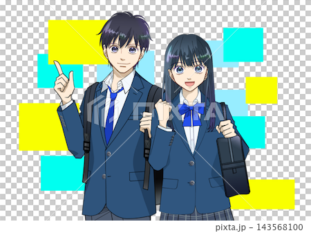 Anime-style illustrations of high school or middle school boys and girls, with colorful backgrounds and white backgrounds. 143568100