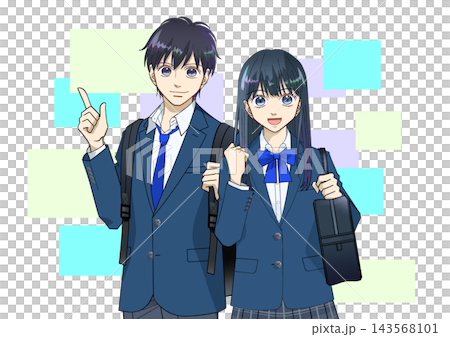 Anime-style illustrations of high school or middle school boys and girls, with colorful backgrounds and white backgrounds. 143568101