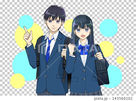 Anime-style illustrations of high school or middle school boys and girls, with colorful backgrounds and white backgrounds. 143568102