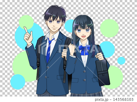 Anime-style illustrations of high school or middle school boys and girls, with colorful backgrounds and white backgrounds. 143568103