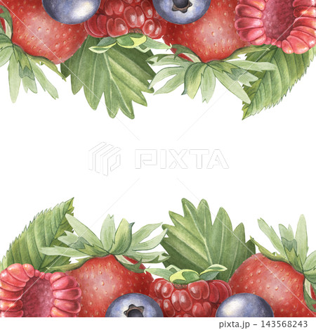 Square frame, strawberry, raspberry, blueberry. Hand-painted watercolor illustration isolated on white for summer invitations, dessert, branding, recipe, cookbook, jam, beverages, cosmetic, design 143568243
