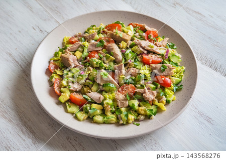 Fresh Tuna Salad with Cherry Tomatoes and Avocado Side View 143568276