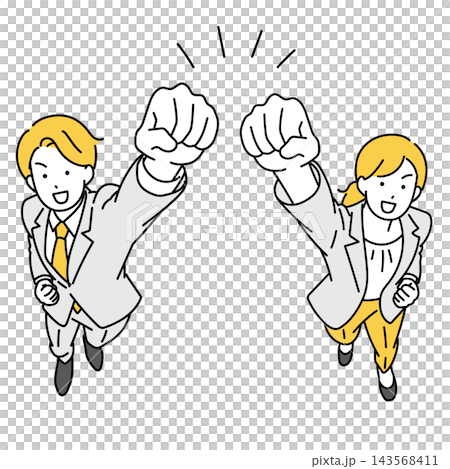 一幅描繪一名男性和一名女性上班族擺出勝利姿勢的插圖。 一幅描繪一名男性和一名女性上班族擺出勝利姿勢的插圖。 143568411
