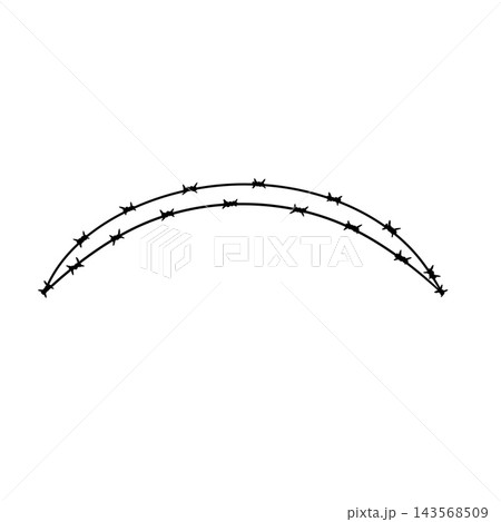 Barbed wire arc, black line art twisted thorn curve, simple border icon. Vintage sketch single wire isolated, danger warning mark. Barbed wire arc deco 143568509