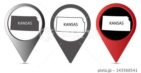 Kansas state map pin icons set with borders and name Kansas state map pin icons set with borders and name 143568541