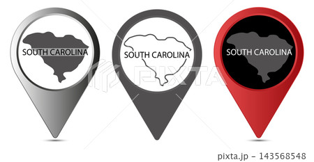 South Carolina state map pin icons set with borders and name 143568548