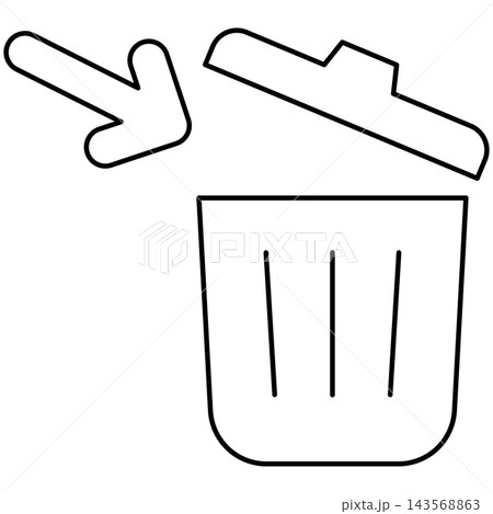 Line art style icon illustration of an open lid trash bin with arrow throwing trash isolated on transparent background. Minimalist thin line for throw delete UI. Line art style icon illustration of an open lid trash bin with arrow throwing trash isolated on transparent background. Minimalist thin line for throw delete UI. 143568863