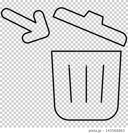 Line art style icon illustration of an open lid trash bin with arrow throwing trash isolated on transparent background. Minimalist thin line for throw delete UI. Line art style icon illustration of an open lid trash bin with arrow throwing trash isolated on transparent background. Minimalist thin line for throw delete UI. 143568863