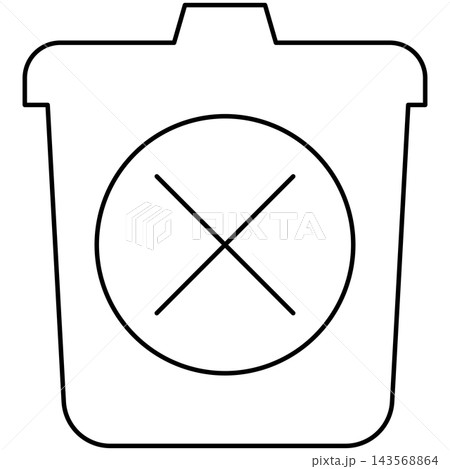 Line art style icon illustration of a trash bin with cross mark badge isolated on transparent background. Minimalist thin line design element for delete UI. 143568864