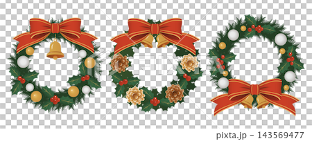 Christmas wreath illustration set, vector, white background, red ribbon. 143569477