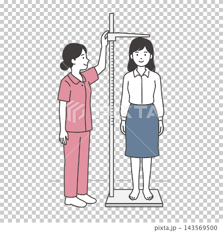 An illustration of a female employee having her height measured during a health checkup, and a nurse. An illustration of a female employee having her height measured during a health checkup, and a nurse. 143569500