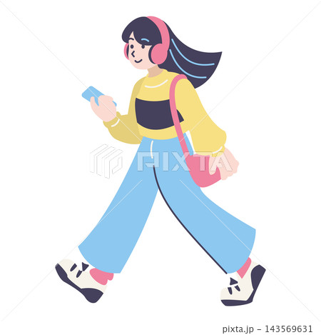 ピンクのヘッドホンをつけてスマホを持ちながら歩く若い女性のイラスト ピンクのヘッドホンをつけてスマホを持ちながら歩く若い女性のイラスト 143569631