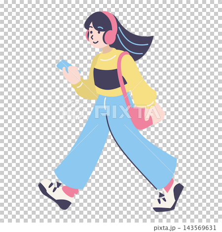 ピンクのヘッドホンをつけてスマホを持ちながら歩く若い女性のイラスト ピンクのヘッドホンをつけてスマホを持ちながら歩く若い女性のイラスト 143569631