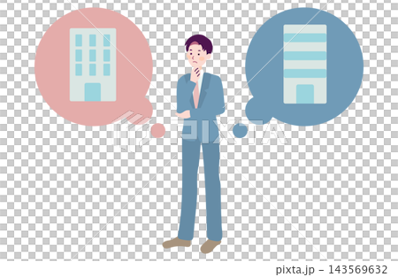 An illustration of a male businessman struggling to decide which of two companies to choose. 143569632