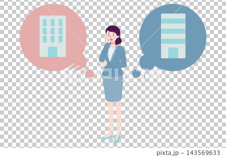 An illustration of a female business person comparing two companies and deciding which one to choose. An illustration of a female business person comparing two companies and deciding which one to choose. 143569633
