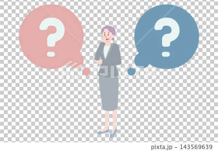 An illustration of a senior female business person struggling to decide which of two options to choose. 143569639