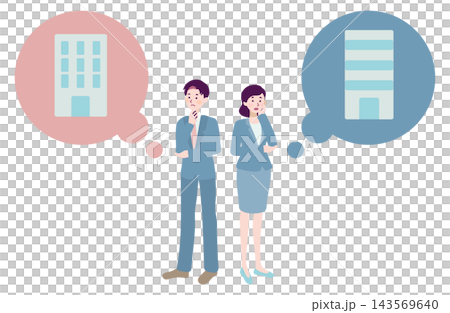 An illustration of a male and female business person comparing two companies and deciding which one to choose. 143569640