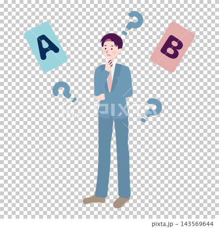 AとBのどちらを選ぶか迷って考える男性ビジネスマンのイラスト AとBのどちらを選ぶか迷って考える男性ビジネスマンのイラスト 143569644