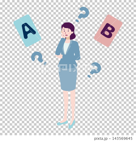 An illustration of a female business person struggling to decide between A and B. An illustration of a female business person struggling to decide between A and B. 143569645