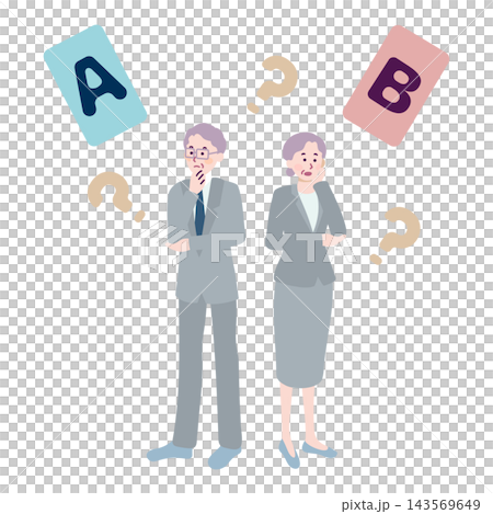 An illustration of senior male and female business professionals struggling to decide between A and B. An illustration of senior male and female business professionals struggling to decide between A and B. 143569649