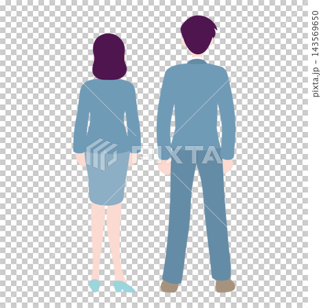 An illustration showing the backs of two business people, a man and a woman, standing side by side in suits. An illustration showing the backs of two business people, a man and a woman, standing side by side in suits. 143569650