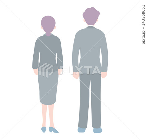 スーツ姿で並んで立つシニア男女のビジネスパーソンの後ろ姿イラスト 143569651