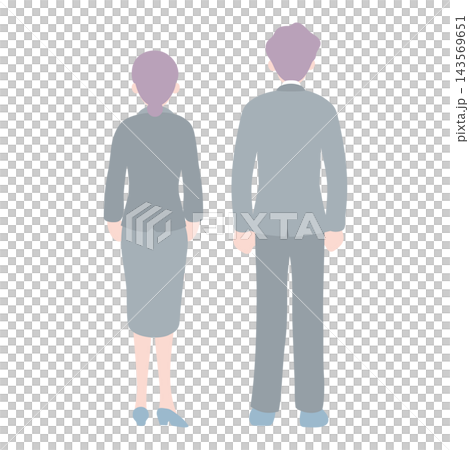 スーツ姿で並んで立つシニア男女のビジネスパーソンの後ろ姿イラスト 143569651