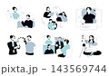 Social network set flat concepts. People communicating online, chatting and calling by video, meeting with friends, creating photos and posts in blogs, followers liking content. Vector illustrations. 143569744
