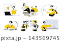 School learning set flat concepts. People studying and get education, teacher at lesson, pupils reading books in library, students doing homework, classmates talking at class. Vector illustrations. 143569745