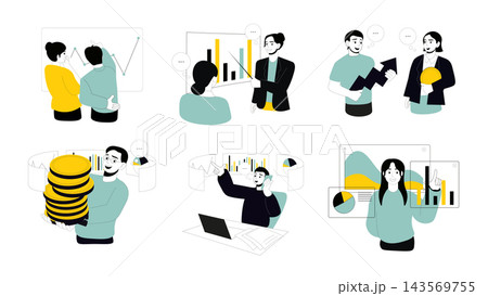 Business management and multitasking set flat concepts. People planning strategy, meeting with project presentation, staff collaborating and cooperating in effective workflow. Vector illustrations. 143569755