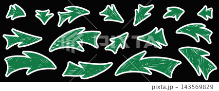 Arrow doodle set in green with white cutout borders on black. Rough crayon texture across broad curved pointers in varied sizes. Playful vector collection for scrapbook or school poster 143569829
