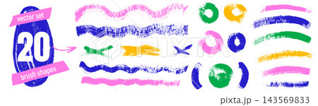 Underline brush set with wavy text marks and arcs. Rough underlining strokes include crosses and pink blue circles on white. Playful vector brush elements for advertising layout or poster design Underline brush set with wavy text marks and arcs. Rough underlining strokes include crosses and pink blue circles on white. Playful vector brush elements for advertising layout or poster design 143569833