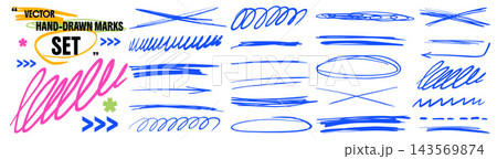 Doodle highlight set with blue ink underlines and loose oval outlines. Hand drawn arrows with crossed marks and looping strokes. Pen vector accents for text annotation or presentation design Doodle highlight set with blue ink underlines and loose oval outlines. Hand drawn arrows with crossed marks and looping strokes. Pen vector accents for text annotation or presentation design 143569874