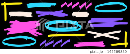 Pen highlight brush set with circles, crosses, bars and underlines on black. Rough felt tip texture with cyan, pink, yellow and violet marks. Vector collection for study notes or text markup Pen highlight brush set with circles, crosses, bars and underlines on black. Rough felt tip texture with cyan, pink, yellow and violet marks. Vector collection for study notes or text markup 143569880