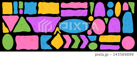 Tag promo set with playful crayon texture and irregular edges. Purple green and yellow trapezoid, square forms create sale labels. Tag promo vector for advertising layout or promotional banner bg Tag promo set with playful crayon texture and irregular edges. Purple green and yellow trapezoid, square forms create sale labels. Tag promo vector for advertising layout or promotional banner bg 143569899