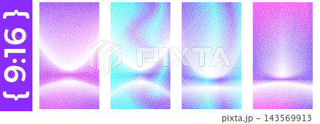 Studio limbo vector set of four vertical holographic grain backgrounds. Cyan, pink, and violet gradients with glowing curved horizons. Social media story set or mobile screensaver or promo template 143569913