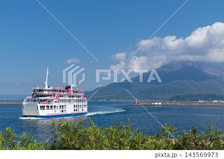 夏の桜島を背景に鹿児島港へ近づくフェリーと錦江湾 夏の桜島を背景に鹿児島港へ近づくフェリーと錦江湾 143569973