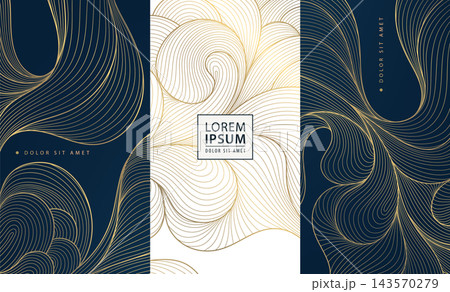Luxury vector Japanese abstract wave pattern, elegant golden lines on a dark background. Wine labels, packaging, boxes, perfume design, chocolate wrapper, menu, and premium branding. Luxury vector Japanese abstract wave pattern, elegant golden lines on a dark background. Wine labels, packaging, boxes, perfume design, chocolate wrapper, menu, and premium branding. 143570279