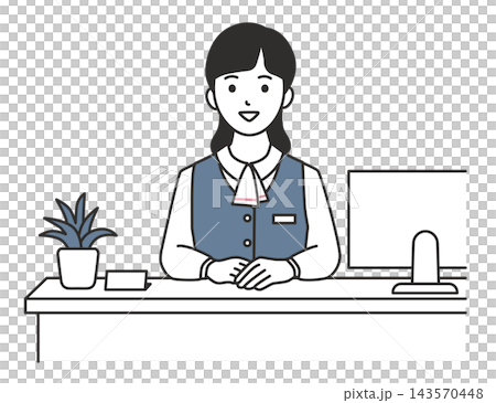 An illustration of a female staff member smiling and greeting customers at the reception counter. 143570448